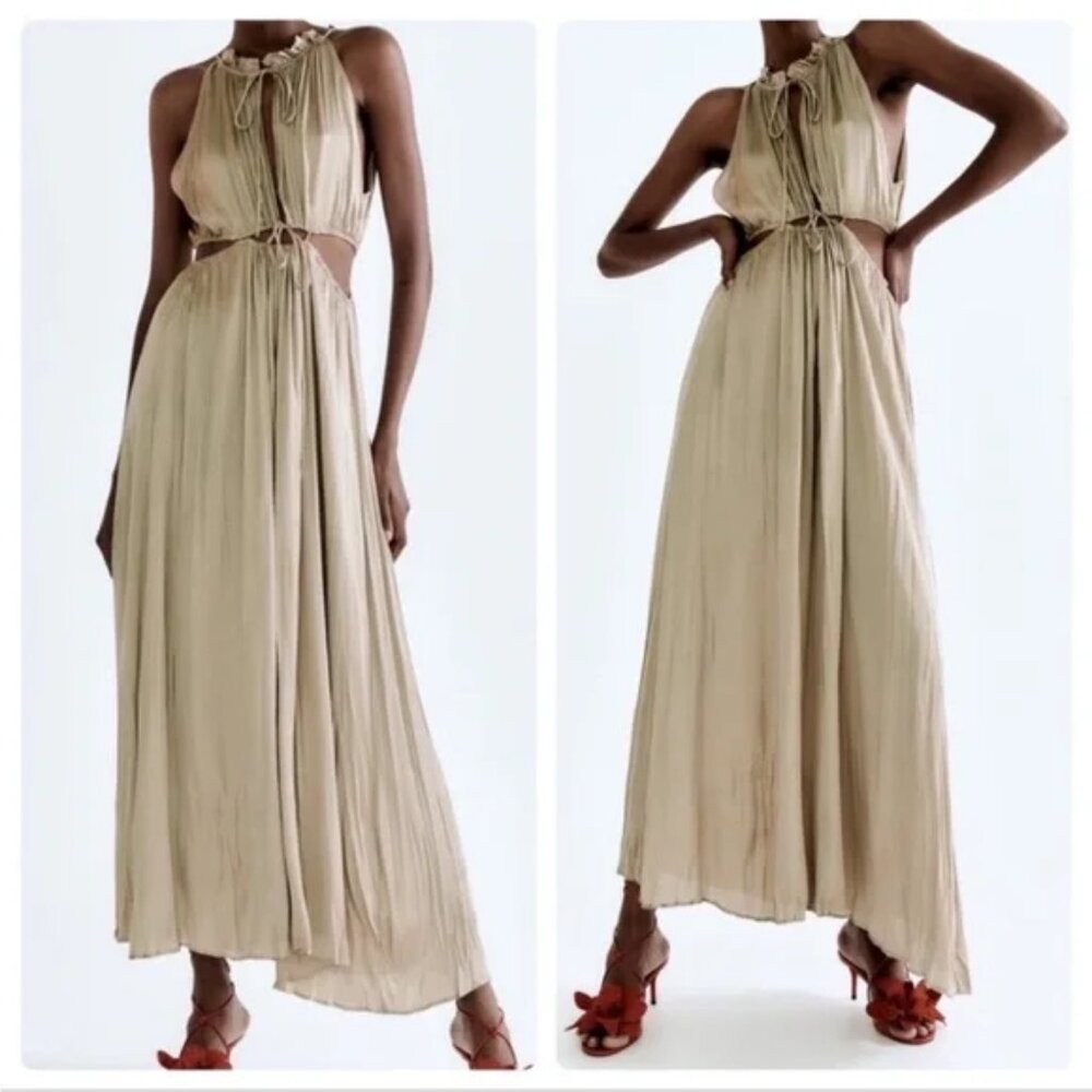 Brand New Zara Satin "Wrinkle" Cut Out Long Dress Size XL
